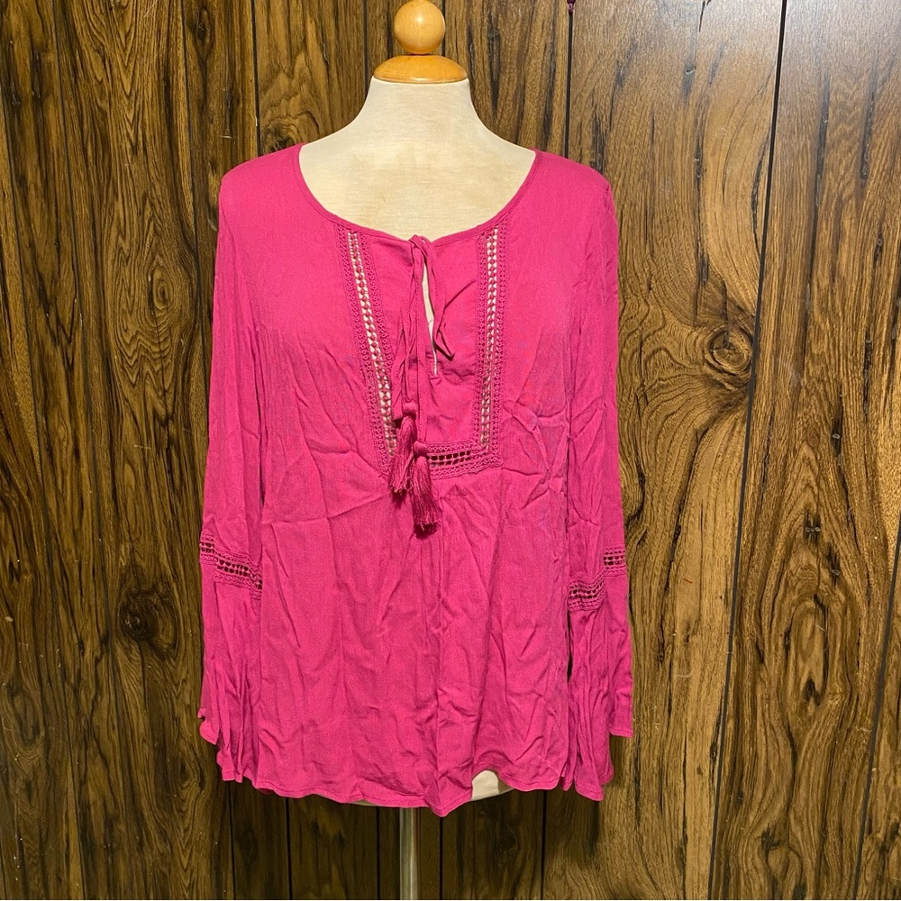 August Silk Pink Long Bell Sleeves Drop Cut Blouse